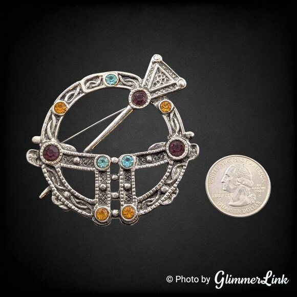 Vintage Celtic Multicolor Rhinestone Ornate Silver Tone Tara Brooch Pin - Picture 4 of 8